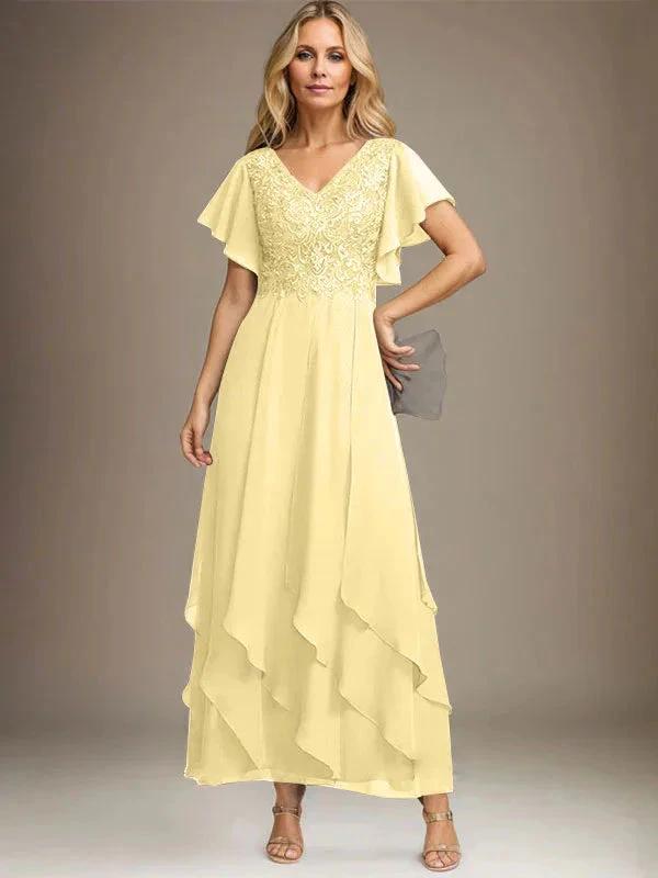 A-line V-Neck Ankle-Length Lace Chiffon Mother of the Bride Dress With Cascading Ruffles by Dreamylily