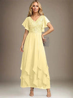 A-line V-Neck Ankle-Length Lace Chiffon Mother of the Bride Dress With Cascading Ruffles by Dreamylily
