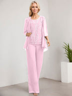 Separates Jumpsuit/Pantsuit Scoop Floor-Length Lace Chiffon Mother of the Bride Dress With Sequins