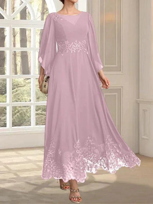 A-line Scoop Illusion Ankle-Length Lace Chiffon Mother of the Bride Dress With Sequins by Dreamylily