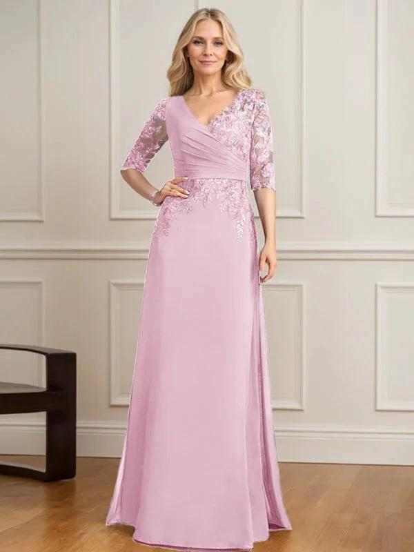 A-line V-Neck Floor-Length Lace Chiffon Mother of the Bride Dress With Pleated Sequins by Dreamylily