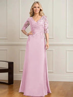 A-line V-Neck Floor-Length Lace Chiffon Mother of the Bride Dress With Pleated Sequins by Dreamylily