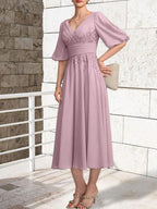 A-line V-Neck Tea-Length Lace Chiffon Mother of the Bride Dress With Pleated by Dreamylily