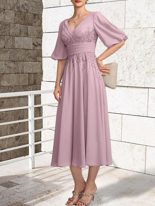 A-line V-Neck Tea-Length Lace Chiffon Mother of the Bride Dress With Pleated by Dreamylily