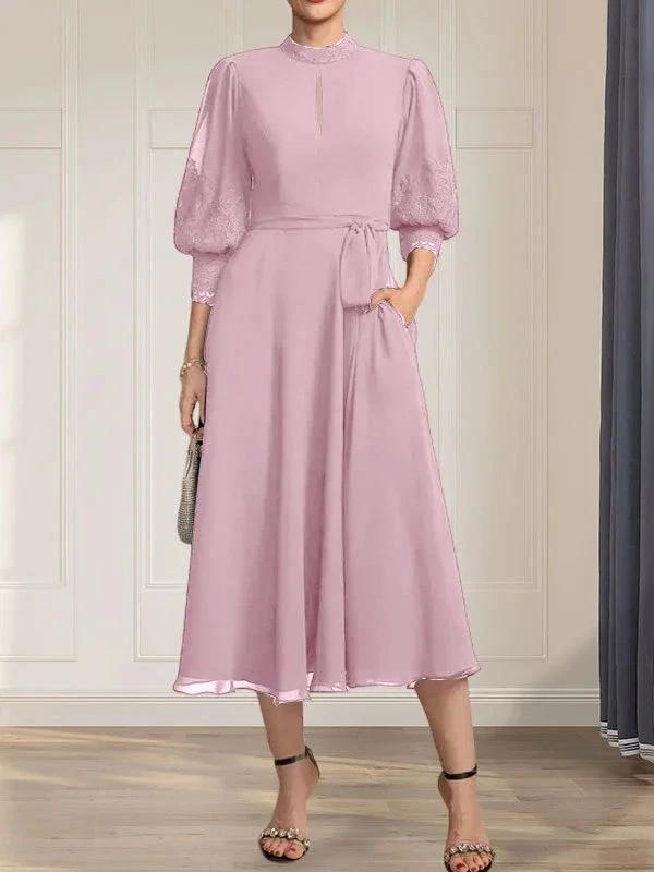 A-line High Neck Tea-Length Lace Chiffon Mother of the Bride Dress With Bow by Dreamylily