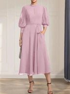 A-line High Neck Tea-Length Lace Chiffon Mother of the Bride Dress With Bow by Dreamylily