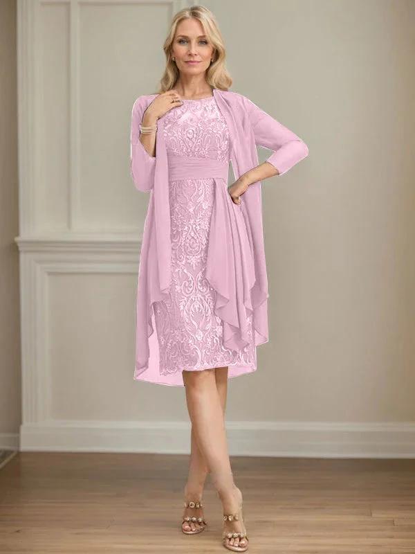 Sheath/Column Scoop Illusion Knee-Length Lace Chiffon Mother of the Bride Dress With Cascading Ruffles Sequins by Dreamylily