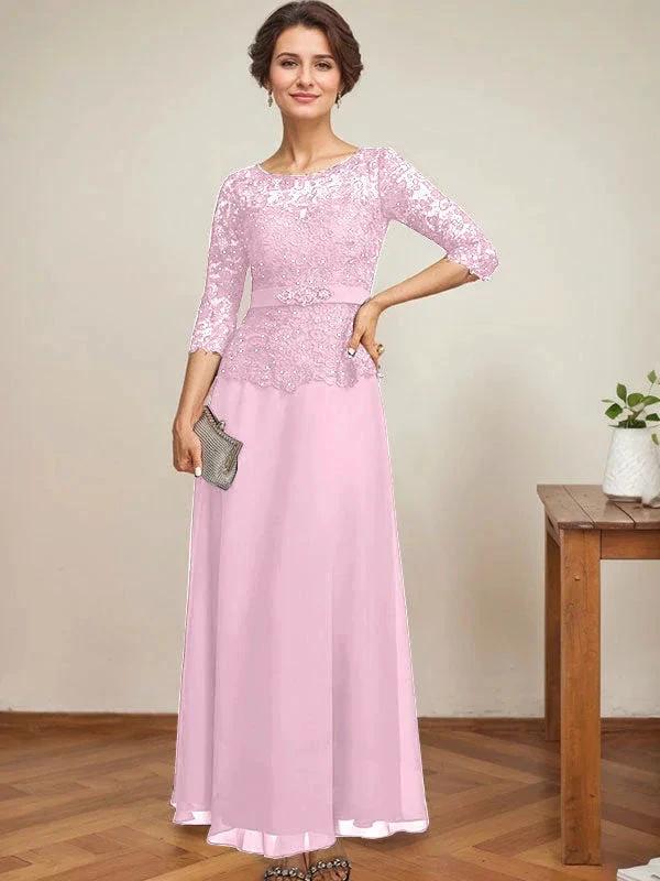 A-line Scoop Illusion Ankle-Length Chiffon Lace Mother of the Bride Dress With Rhinestone Beading by Dreamylily