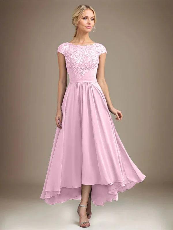 A-line Scoop Illusion Asymmetrical Lace Chiffon Mother of the Bride Dress With Pleated by Dreamylily