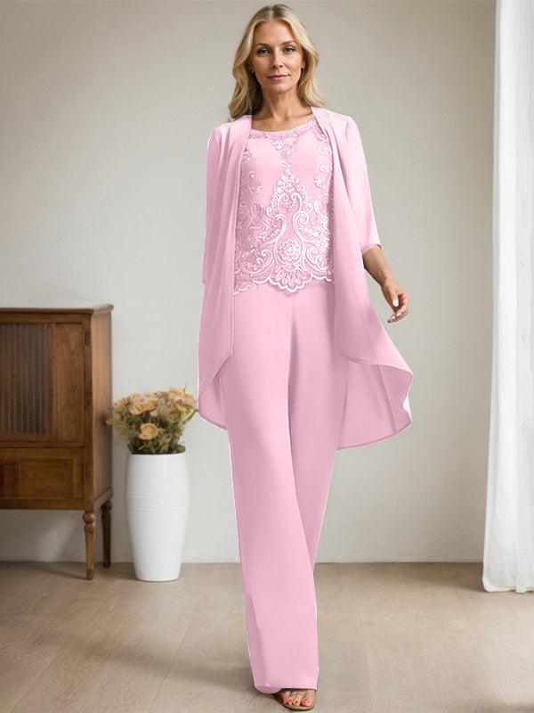 Separates Jumpsuit/Pantsuit Scoop Floor-Length Chiffon Lace Mother of the Bride Dress With Beading Sequins