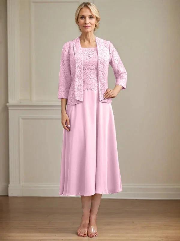 A-line Scoop Tea-Length Lace Chiffon Mother of the Bride Dress by Dreamylily