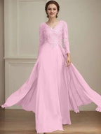 A-line V-Neck Floor-Length Lace Chiffon Mother of the Bride Dress With Sequins by Dreamylily