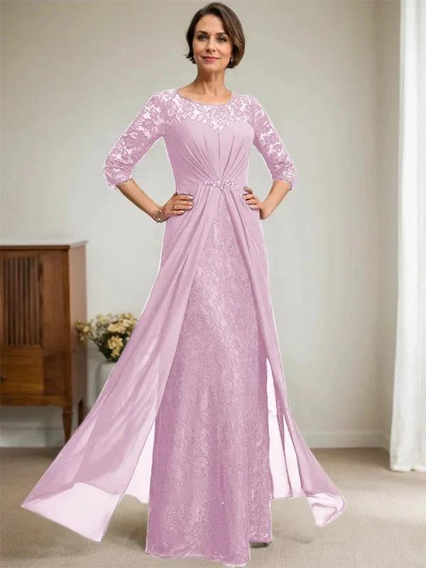 A-Line Scoop Illusion Floor-Length Lace Chiffon Mother Of the Bride Dress With Beading Ruffles by Dreamylily