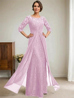 A-Line Scoop Illusion Floor-Length Lace Chiffon Mother Of the Bride Dress With Beading Ruffles by Dreamylily