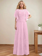 A-line Scoop Illusion Floor-Length Lace Chiffon Mother of the Bride Dress With Sequins by Dreamylily