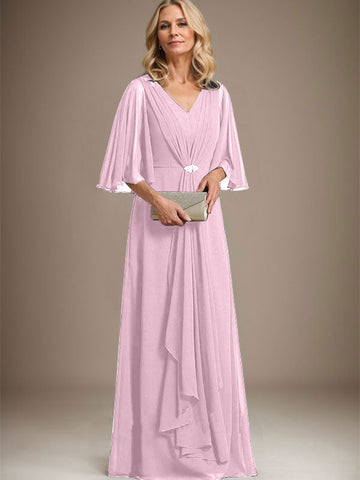 A-line V-Neck Floor-Length Chiffon Mother of the Bride Dress With Cascading Ruffles Crystal Brooch