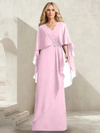 A-line V-Neck Floor-Length Chiffon Mother of the Bride Dress With Cascading Ruffles Beading by Dreamylily