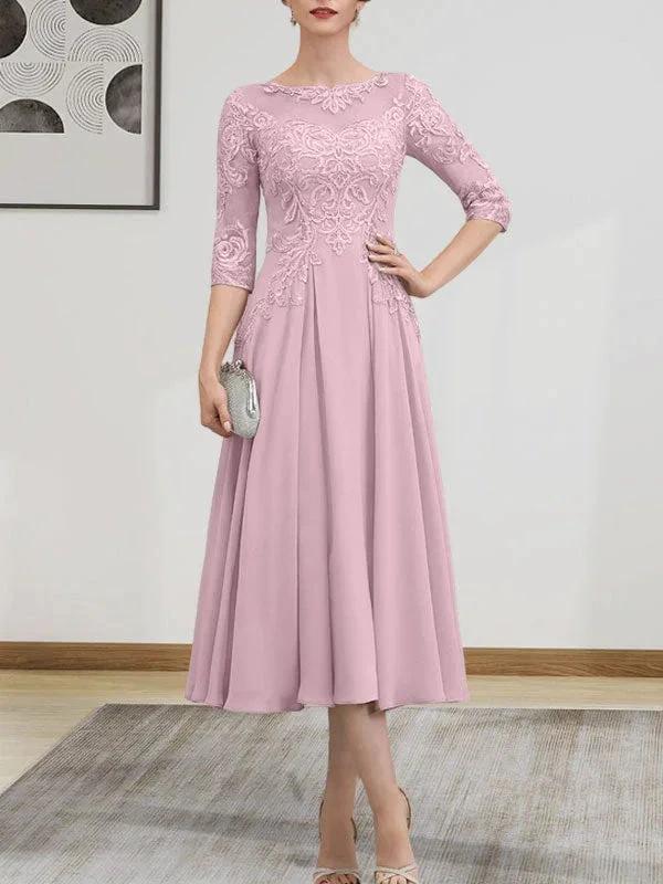 A-line Scoop Illusion Tea-Length Chiffon Lace Mother of the Bride Dress With Beading Sequins by Dreamylily