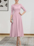 A-line Scoop Illusion Tea-Length Chiffon Lace Mother of the Bride Dress With Beading Sequins by Dreamylily
