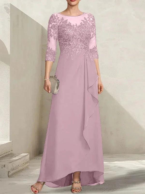 A-line Scoop Illusion Asymmetrical Lace Chiffon Mother of the Bride Dress With Sequins Cascading Ruffles by Dreamylily