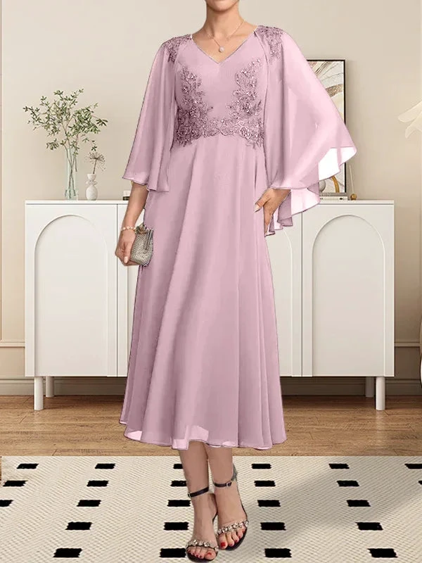 A-line V-Neck Tea-Length Chiffon Lace Mother of the Bride Dress With Beading Sequins by Dreamylily