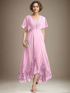 A-line V-Neck Asymmetrical Lace Chiffon Mother of the Bride Dress With Pleated by Dreamylily