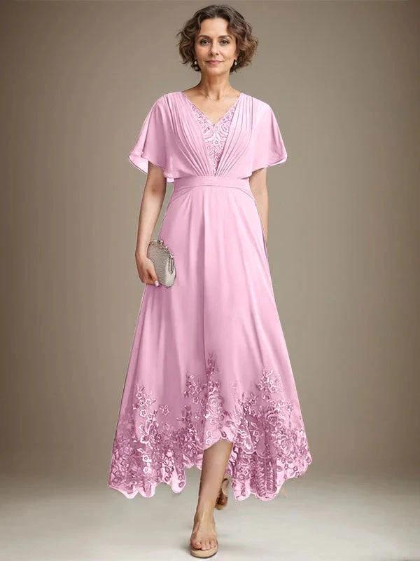 A-line V-Neck Asymmetrical Lace Chiffon Mother of the Bride Dress With Pleated by Dreamylily