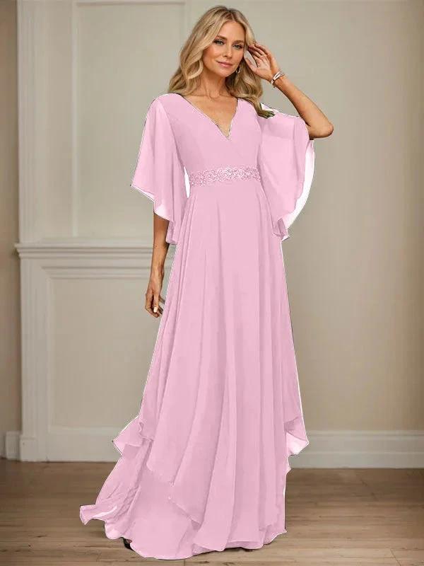 A-line V-Neck Floor-Length Chiffon Mother of the Bride Dress With Sequins Appliques Lace Beading by Dreamylily