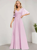 A-line V-Neck Floor-Length Lace Chiffon Mother of the Bride Dress With Sequins by Dreamylily