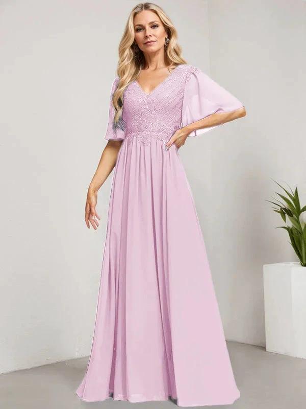 A-line V-Neck Floor-Length Lace Chiffon Mother of the Bride Dress With Sequins by Dreamylily
