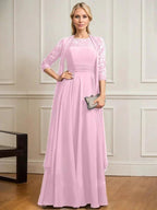 A-line Scoop Illusion Floor-Length Lace Chiffon Mother of the Bride Dress With Pleated by Dreamylily