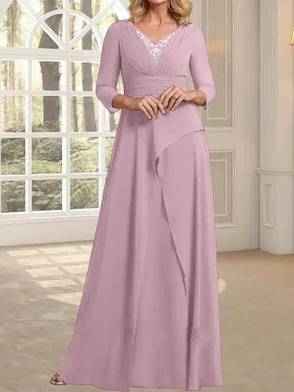 A-line V-Neck Floor-Length Chiffon Mother of the Bride Dress With Pleated Beading by Dreamylily