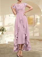 A-line Scoop Illusion Asymmetrical Chiffon Lace Mother of the Bride Dress With Bow Ruffle Sequins by Dreamylily