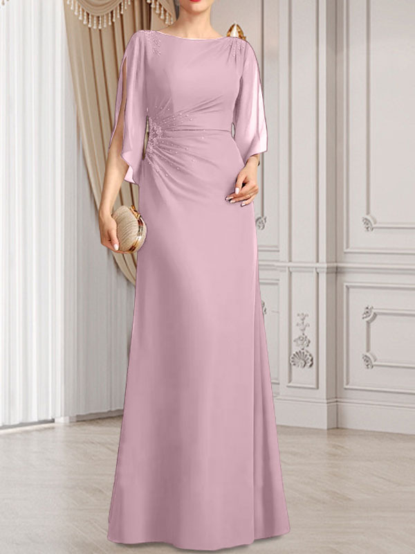 Etui-Linie/Säule U-Ausschnitt Bodenlang Chiffon Kleid für die Brautmutter mit Plissee Perlenbesatz