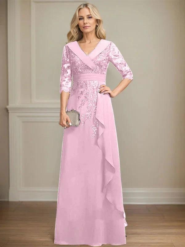 A-line Collared V-Neck Floor-Length Lace Chiffon Mother of the Bride Dress With Sequins Cascading Ruffles by Dreamylily