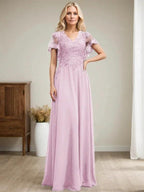 A-line V-Neck Floor-Length Lace Chiffon Mother of the Bride Dress With Sequins by Dreamylily
