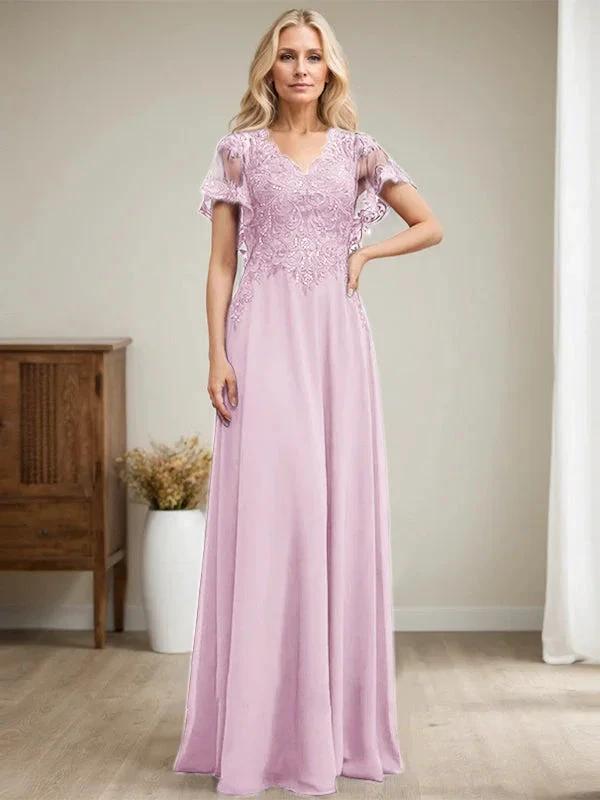A-line V-Neck Floor-Length Lace Chiffon Mother of the Bride Dress With Sequins by Dreamylily