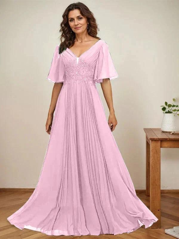 A-line V-Neck Floor-Length Chiffon Mother of the Bride Dress With Sequins Appliques Lace Pleated by Dreamylily