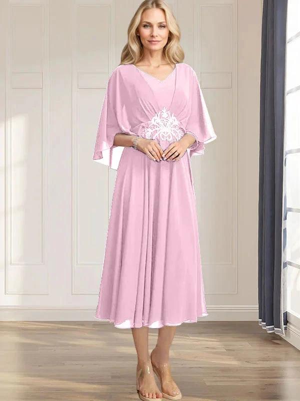 A-line V-Neck Tea-Length Chiffon Mother of the Bride Dress With Pleated Sequins Appliques Lace Beadind by Dreamylily