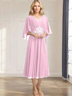 A-line V-Neck Tea-Length Chiffon Mother of the Bride Dress With Pleated Sequins Appliques Lace Beadind by Dreamylily