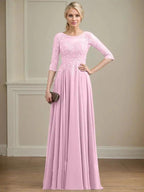 A-line Scoop Illusion Floor-Length Lace Chiffon Mother of the Bride Dress With Sequins by Dreamylily