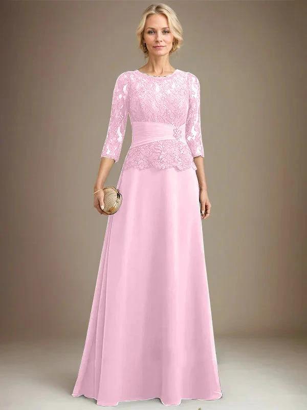 A-line Scoop Illusion Floor-Length Chiffon Lace Mother of the Bride Dress With Pleated Sequins Beading by Dreamylily