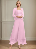Separates Jumpsuit/Pantsuit Square Ankle-Length Lace Chiffon Mother of the Bride Dress With Sequins
