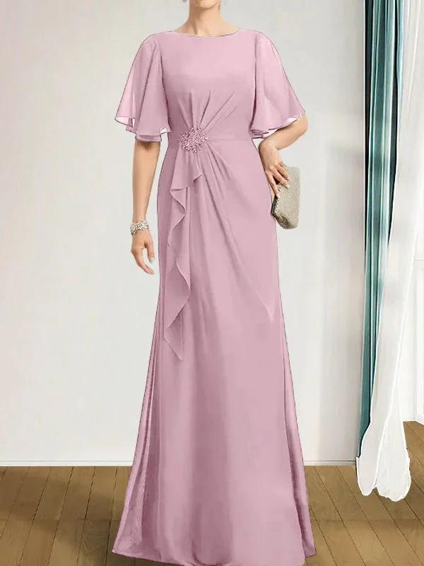A-line Scoop Floor-Length Chiffon Mother of the Bride Dress With Cascading Ruffles Beading Sequins by Dreamylily