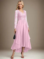 A-line V-Neck Asymmetrical Lace Chiffon Mother of the Bride Dress by Dreamylily