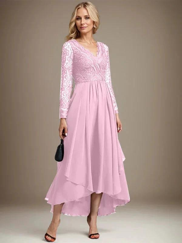 A-line V-Neck Asymmetrical Lace Chiffon Mother of the Bride Dress by Dreamylily