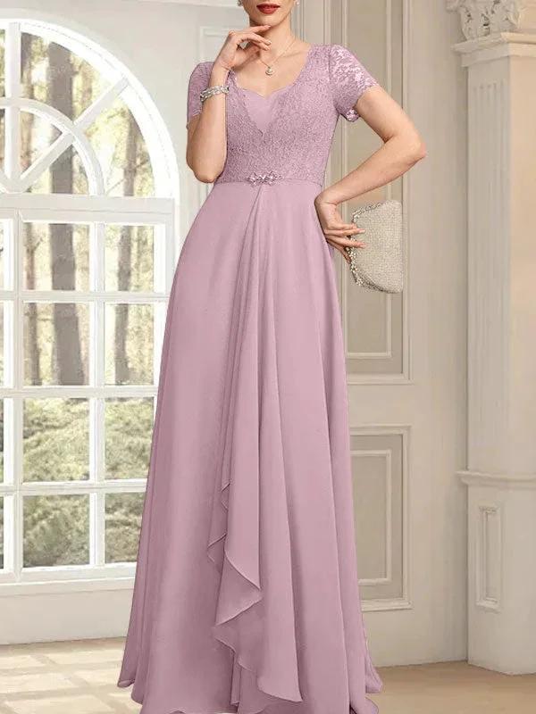 A-line Sweetheart Floor-Length Chiffon Lace Mother of the Bride Dress With Beading Cascading Ruffles by Dreamylily
