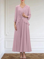 A-line V-Neck Ankle-Length Chiffon Mother of the Bride Dress With Sequins Appliques Lace Beading by Dreamylily