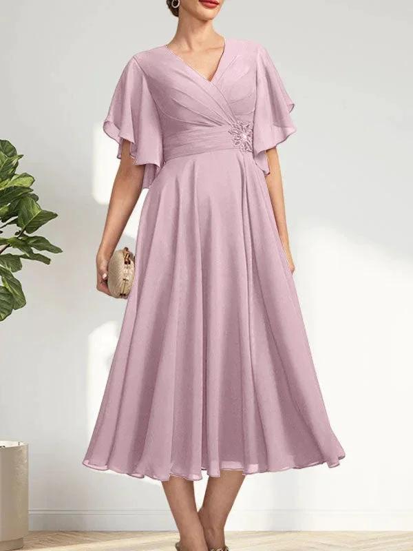 A-line V-Neck Tea-Length Chiffon Mother of the Bride Dress With Pleated Beading by Dreamylily