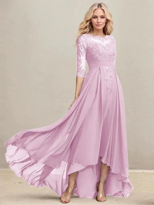 A-line Scoop Illusion Asymmetrical Lace Chiffon Mother of the Bride Dress With Pleated Sequins by Dreamylily